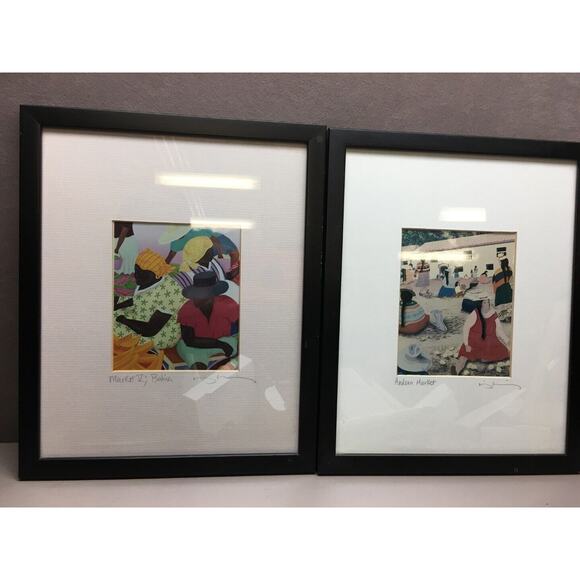 Pair of Acrylic Paintings Signed Markets in Bahia and Andea